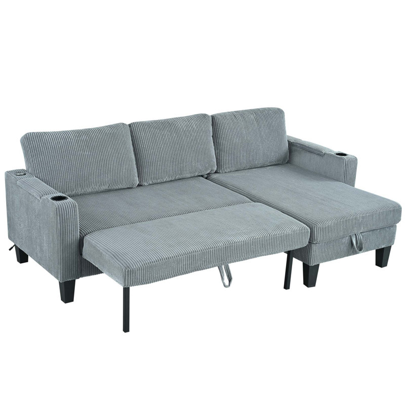 Canapé modulaire réversible avec méridienne de rangement et porte-gobelet, Velours côtelé gris