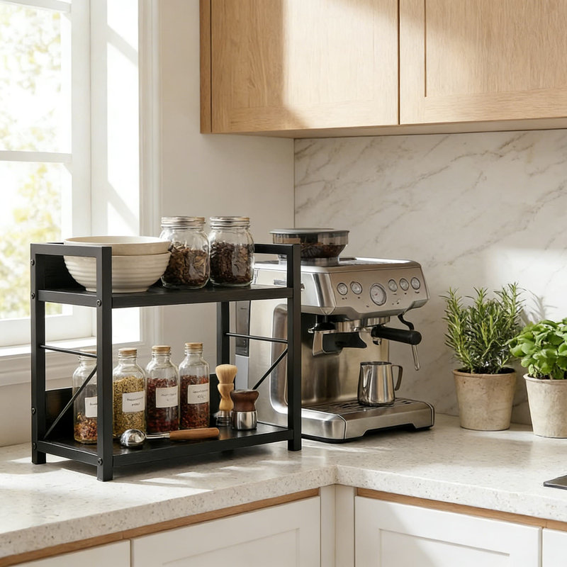 Étagère de rangement à 2 niveaux pour comptoir, étagère à épices de cuisine compacte et station de café avec design en bois rustique pour la maison et le bureau