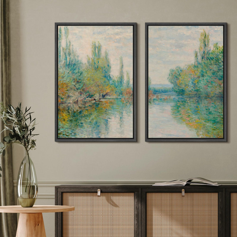 «Tranquil River Impressionist Impressions, scène d'eau réfléchissante, nature sauvage, illustration», 2 pièces, Cadre noir