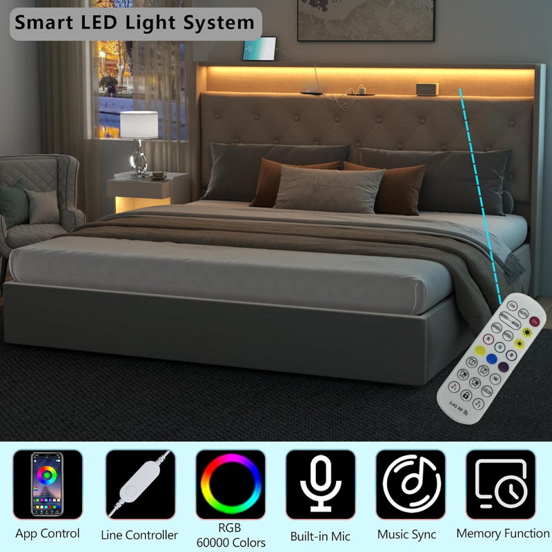 Kadeer Lift Up Bed Frame with Charging Station & LED Light, Upholstered Bed with Button Tufted, Beige, King