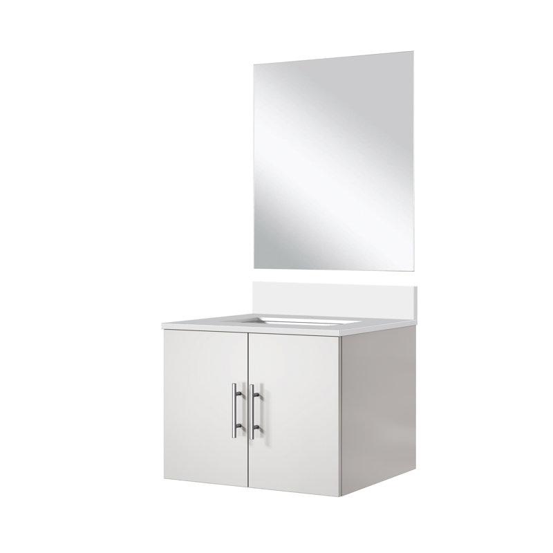 Meuble-lavabo blanc lustré avec comptoir et finition en quartz - Surface de 61 x 56 cm (24 x 22 po) - Miroir inclus
