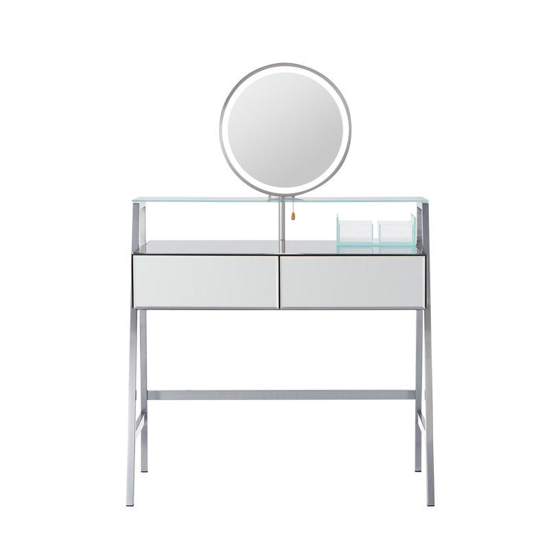 Chic Mirrored Makeup Vanity Desk with Storage and Charging Feature for Bedroom