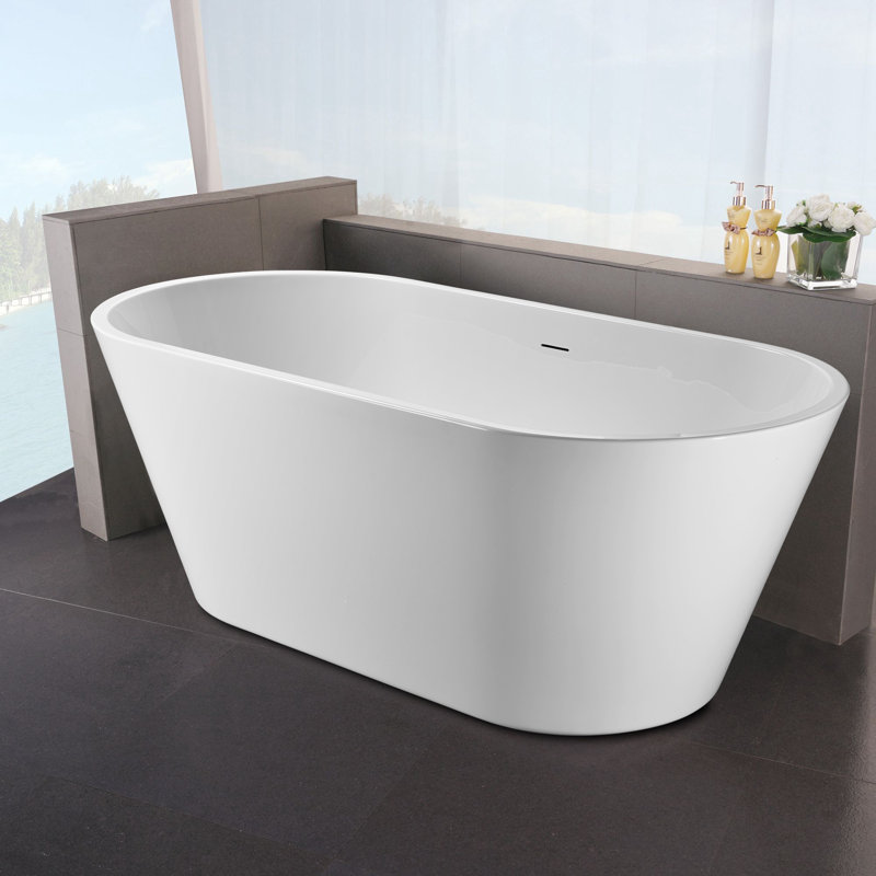 Modern White Freestanding Acrylic Soaking Bathtub With Centre Drain And Overflow