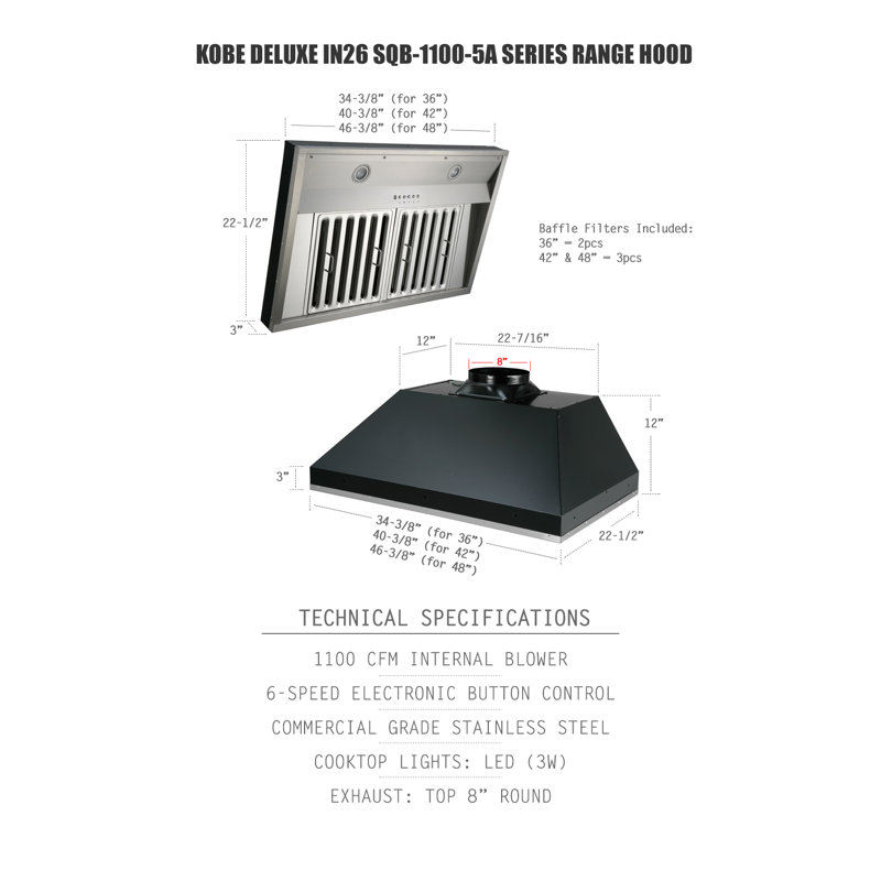 Kobe 36" Stainless Steel Built-In Range Hood with LED Lights