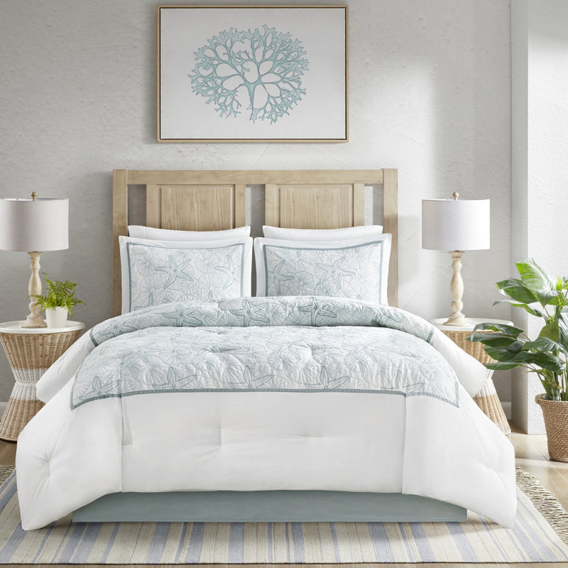 Édredon double en blanc - jupe de lit rembourrée 100% coton avec broderie sur le thème de la plage et 2 taies décoratives