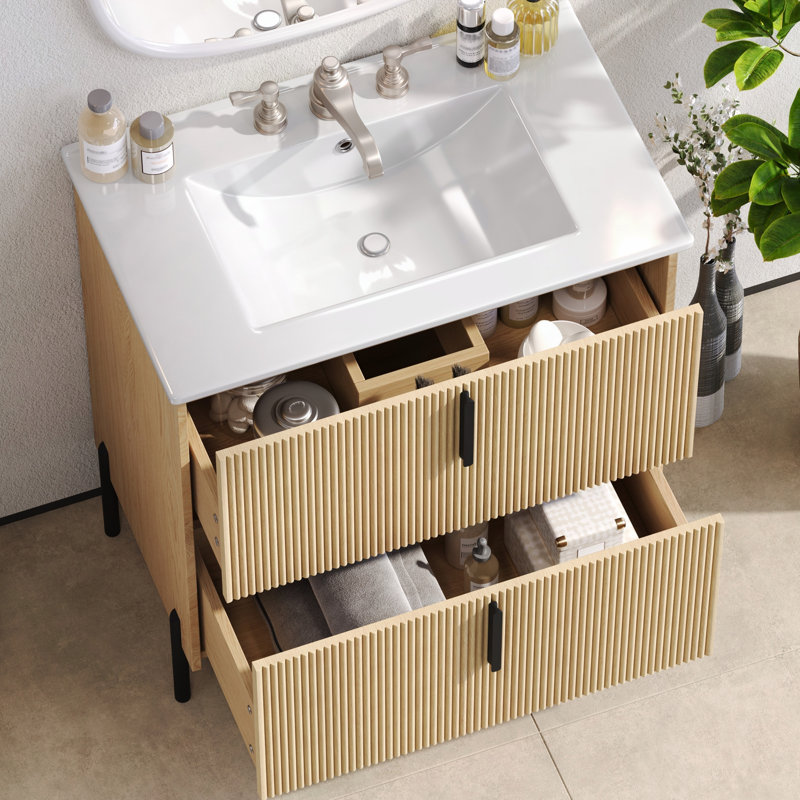 Meuble-lavabo 30 po avec lavabo en céramique et tiroirs pleine extension, Naturel