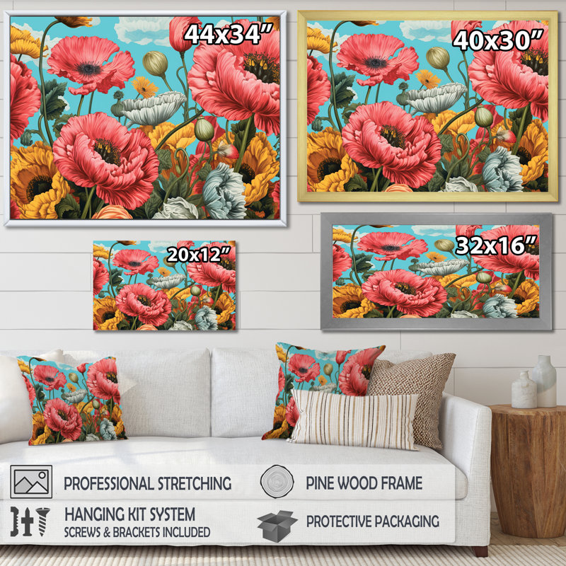 «Vibrant Pink Poppy Field Dreams», reproduction sur toile, Cadre flottant blanc, H 24 po x l 32 po