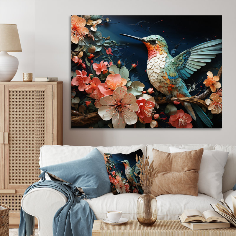 Teal Pink Hummingbird Harmony - Animals Canvas Wall Art, H 30 po x l 40 po x P 1,5 po, Toile tendue