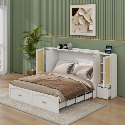 A Queen-Size Murphy/Wall Bed With Drawer And Rattan Accents, Including Two Storage Cabinets