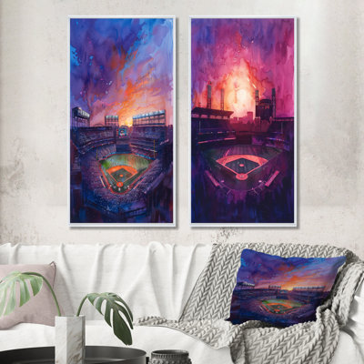 Ensemble de 2 pièces d'art mauve et orange avec baseball Stadium At Night I - Stades