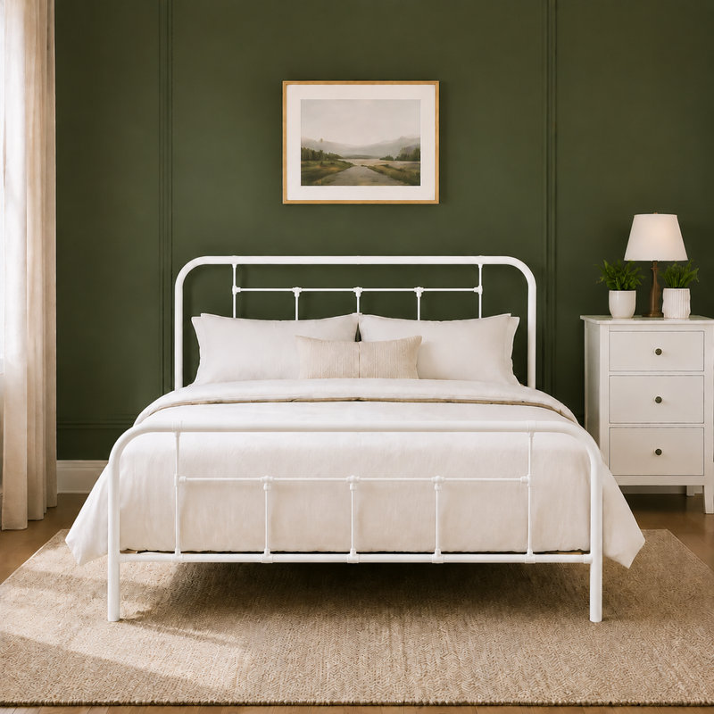 Nelya Metal Platform Bed, White, Queen