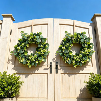 2 PACK  Spring  Summer Green Eucalyptus Wreath for Front Door – 18 Inch Artificial Eucalyptus Wreath All Season Door Decor for Indoor Outdoor Wall Window Farmhouse Garden
