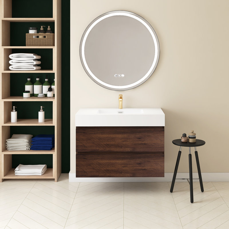 Meuble-lavabo simple 36 po avec plateau Semyah, Noyer, Blanc