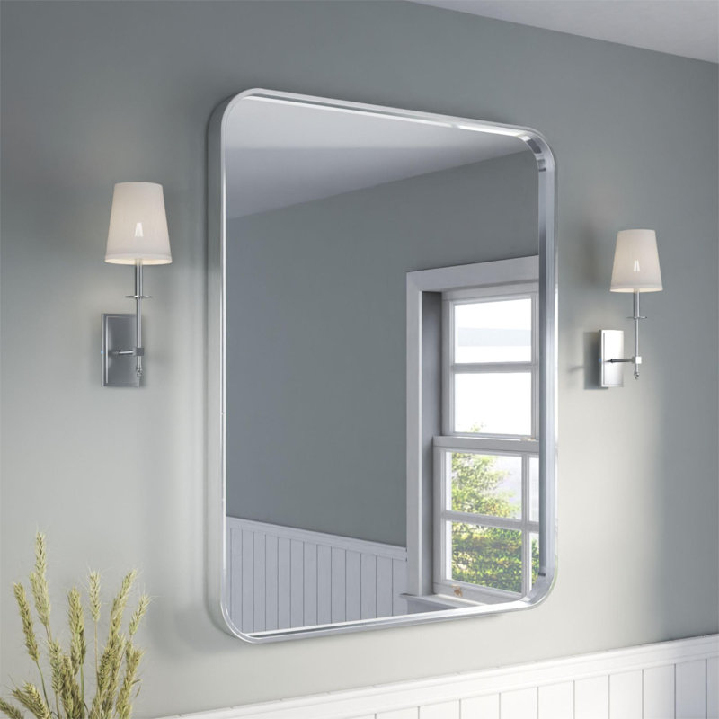 Élégant miroir encadré en aluminium avec coin arrondi pour une décoration intérieure élégante, 32 po x 40 po, Argent argent