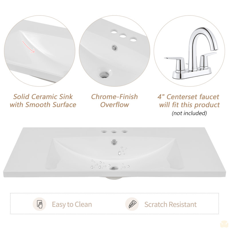 Plateau de meuble-lavabo simple 36 po avec lavabo blanc, 3 trous de robinet, céramique, 36"