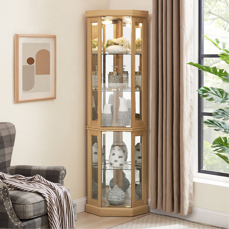 Corner Glass Cabinet Lighted Curio Cabinet Corner Display Case For Living Room, Curio Cabinet, Antique Collection, Wine,Bar Glass Storage Light Included