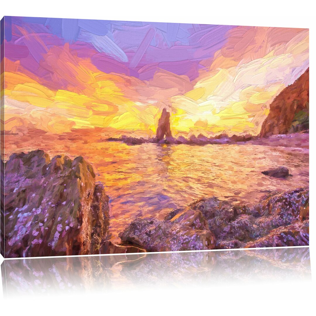 Leinwandbild "Küstenlinie mit Sonnenuntergang", Grafikdruck