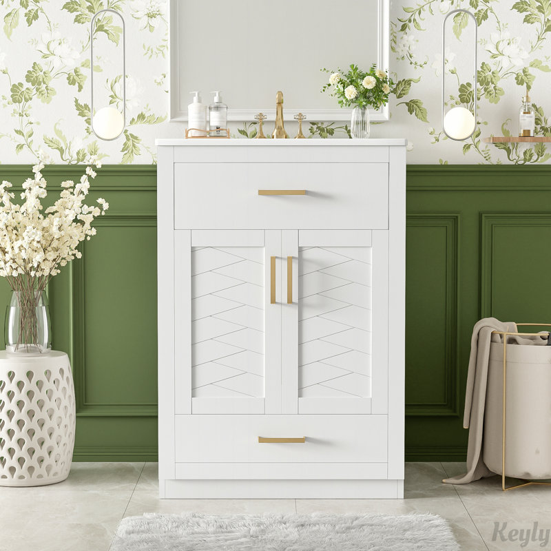 Meuble-lavabo de 24 pouces avec lavabo en céramique intégré, rangement spacieux et conception élégante pour les petites et moyennes salles de bain, blanc