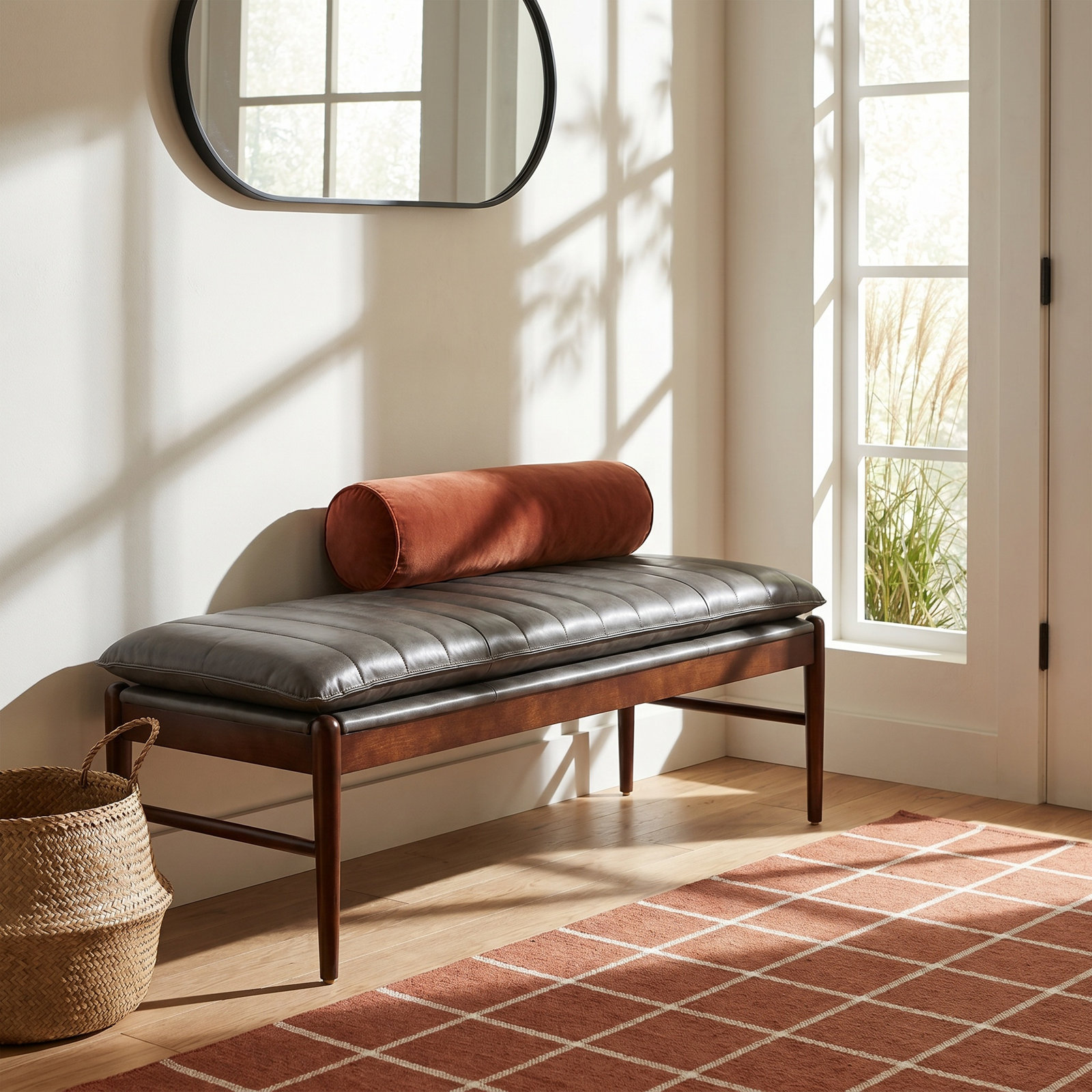 Yara 53"Wide Rectangle Faux Leather Upholstered Bench Ottoman, Copley Gray