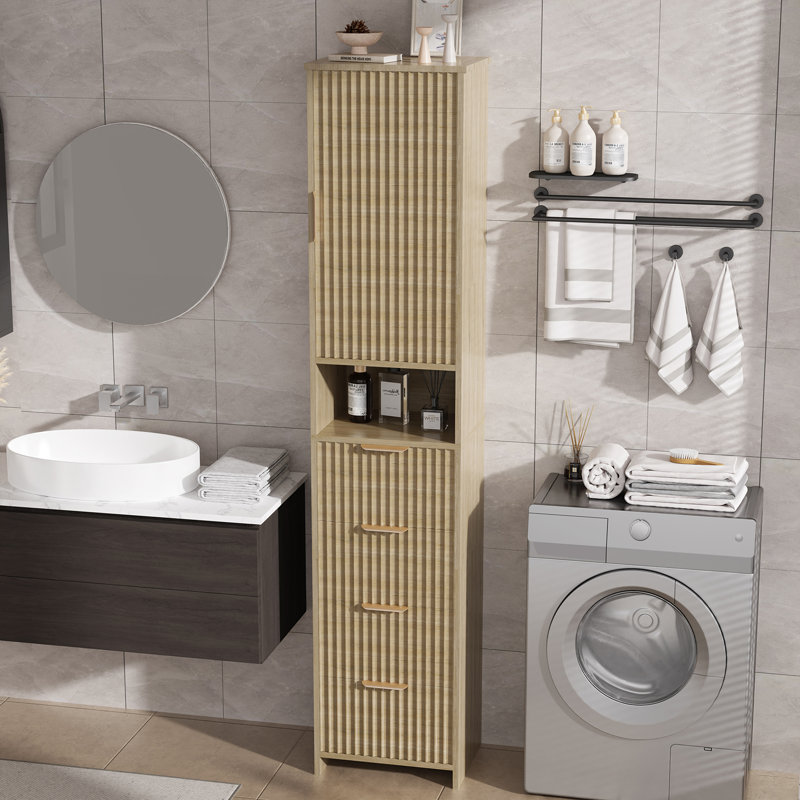 Armoire de rangement cannelée étroite 69 po - système à 3 niveaux (tablette ouverte, tiroir, armoire supérieure), organisateur moderne autoportant pour la cuisine, le garde-manger et la salle de bain