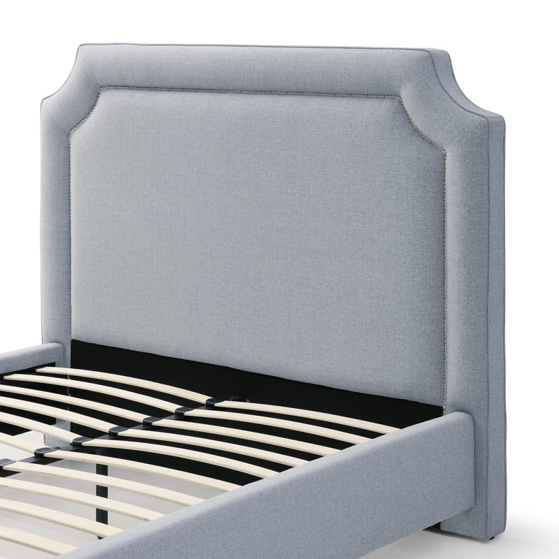 Elegant Upholstered Bed Frame With Nailhead Trim., Texture Blue, Queen