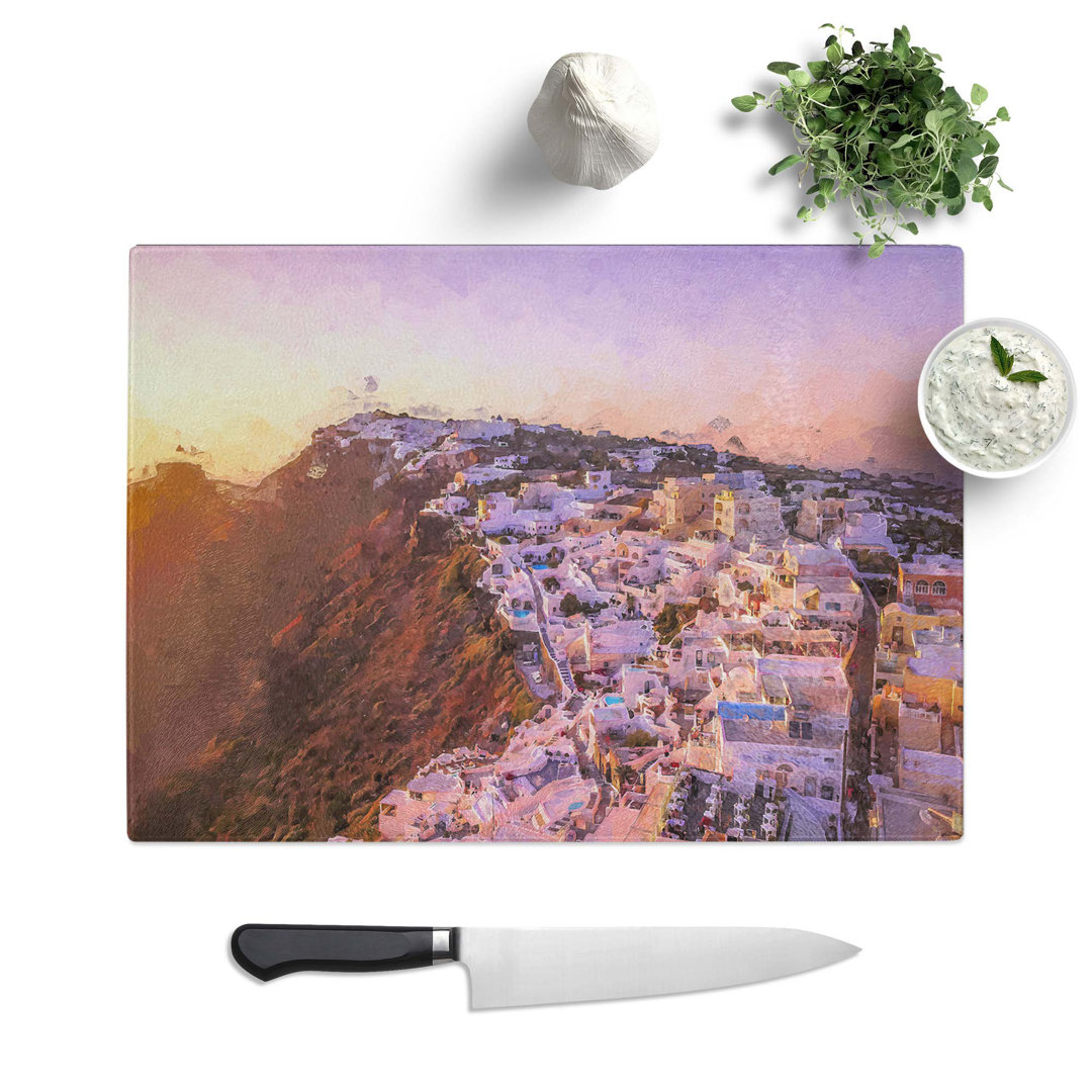 Tempered Glass View of Santorini in Greece in Abstract Chopping Board