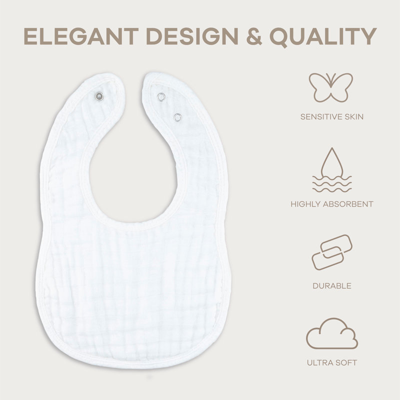 Comfy Cubs Muslin Bibs for Babies - Feeding, Drool and Teething Bib with Adjustable Snaps, White