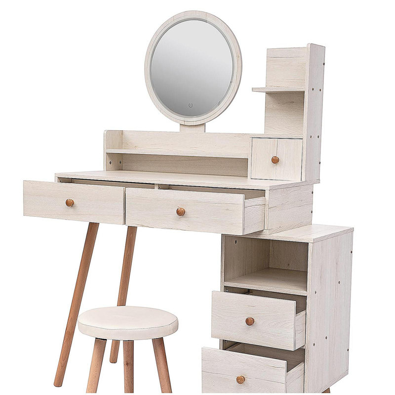 Stylish Vanity Table + Cushioned Stool,Touch Control LED Mirror,Large Capacity Storage Cabinet, 5 Drawers,Fashionable Makeup Furniture