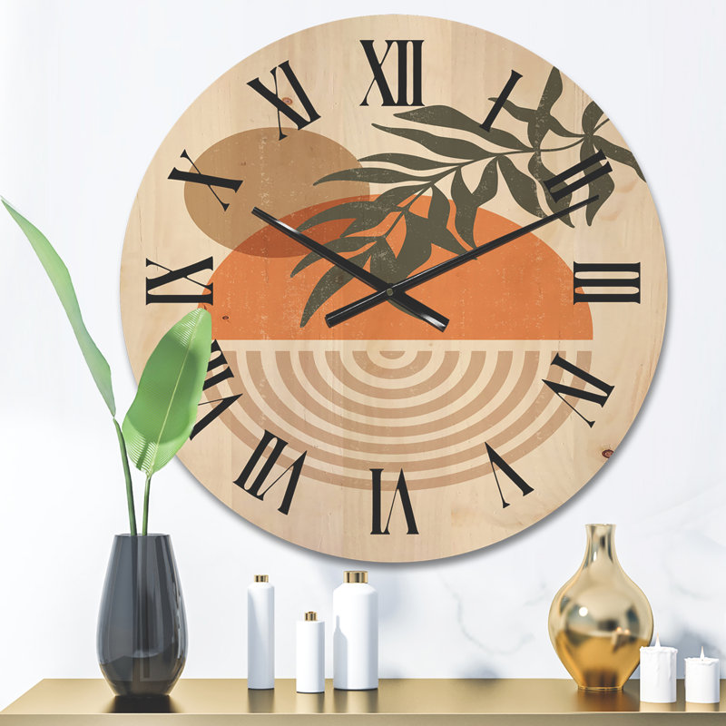Horloge murale abstraite géométrique soleil et lune avec feuille I, Petit