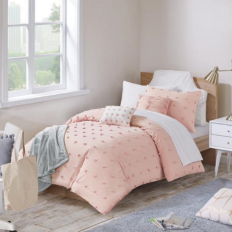 Pink Cotton Jacquard Full/Queen Duvet Cover Set with Shams and Pillows