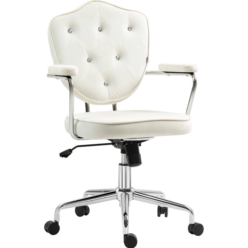 Chaise de bureau à domicile avec hauteur de siège réglable, tissu velours blanc crème, bouton, fonction de basculement du meuble-lavabo pivotant et roulettes pour une utilisation sur mesure, mobilité