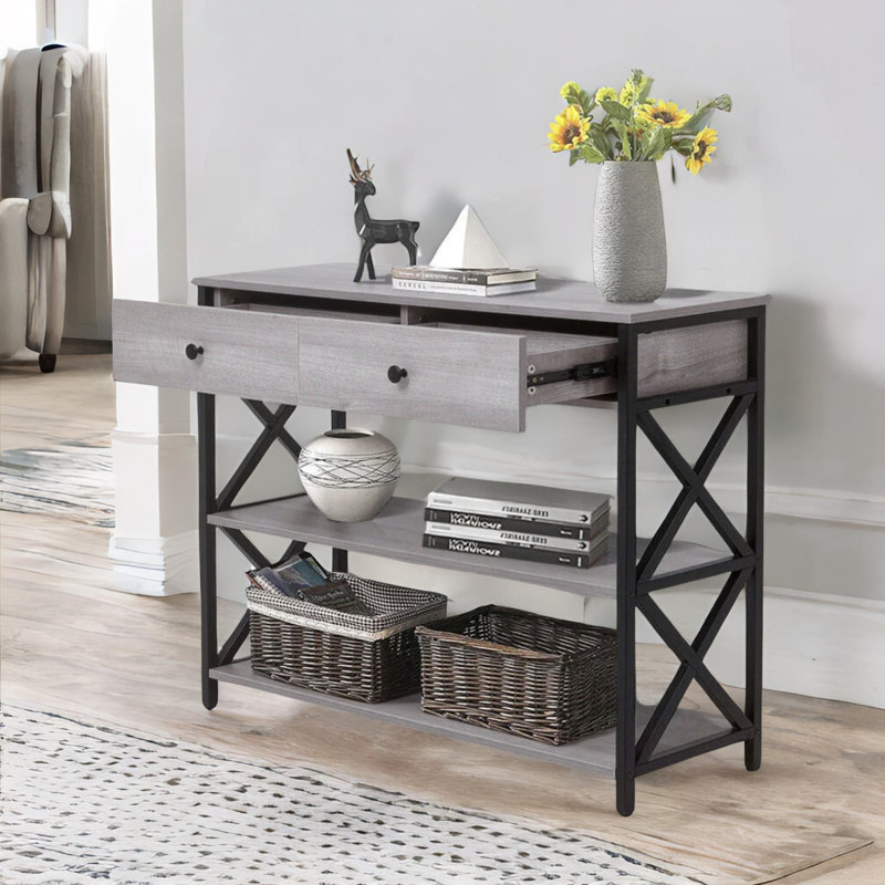 3 Tier Console Table With 2 Drawers and Storage Shelves
