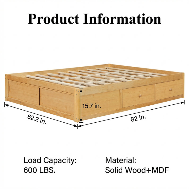Queen Size Platform Bed Frame with Storage Drawers and Footboard Cubby, Modern Space-Saving Design Without Headboard, Natural