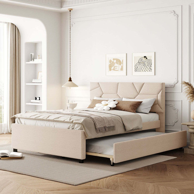 Upholstered Platform Bed With Brick Pattern Headboard And Trundle, Linen Fabric, Beige, Full