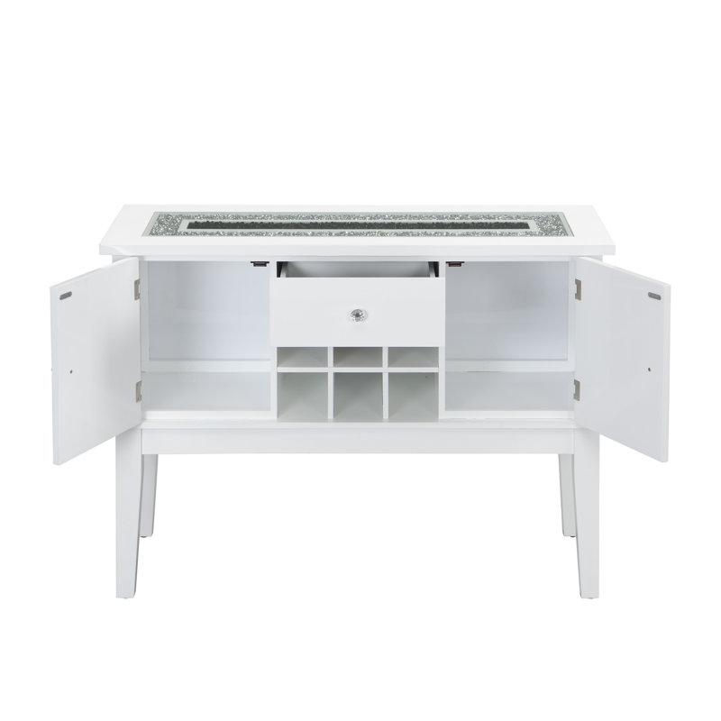 Buffet à finition brillante blanche avec incrustation de faux cristaux de style élisaveta, buffet moderne avec support à vin et tiroir de rangement