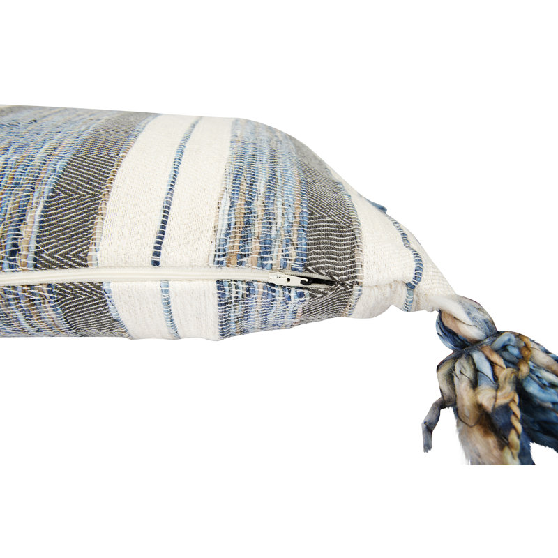 Modern Blue & Grey Striped Cotton Blend Lumbar Pillow with Tassels, 36" x 16"
