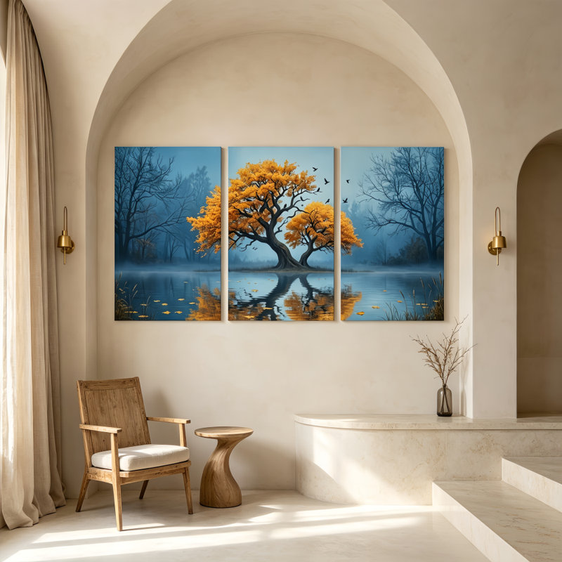 Ensemble de 3 toiles imprimées représentant un paysage rustique d'arbre doré et de lac bleu brumeux - Décoration murale pour salon