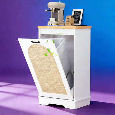 Tilt-Out Trash Can Cabinet With Rattan Door And Deodorizing Function, 13 Gallon Hidden Kitchen Trash Cabinet For Kitchen, Laundry Room Or Dining Area