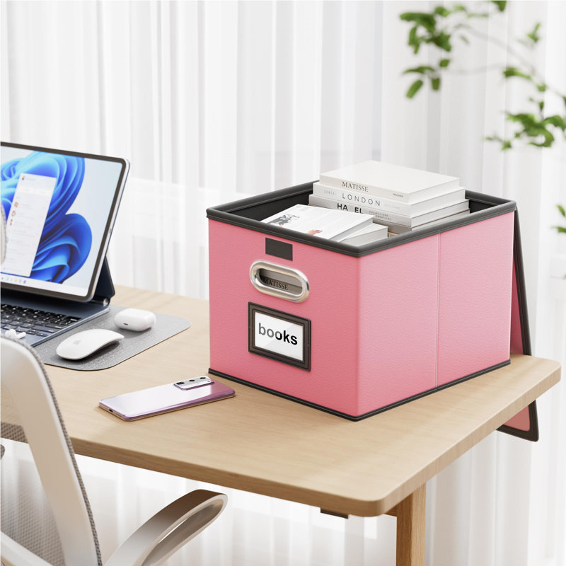 Pink Leather Collapsible File Organizer Box with Lid