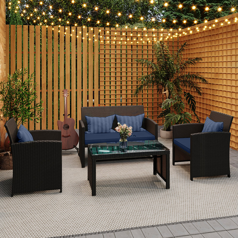 Wicker Outdoor Seating Group with Cushions, Navy Cushion/Black Frame
