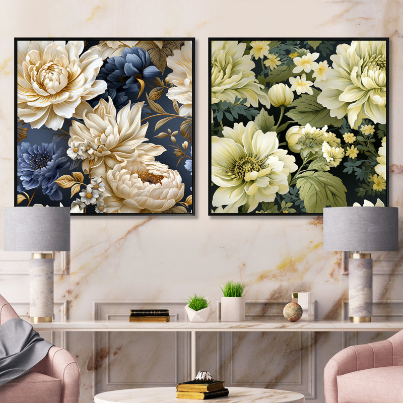 Imen - Ensemble de 2 collages floraux carrés, Cadre flottant noir, H 36 po x l 73 po