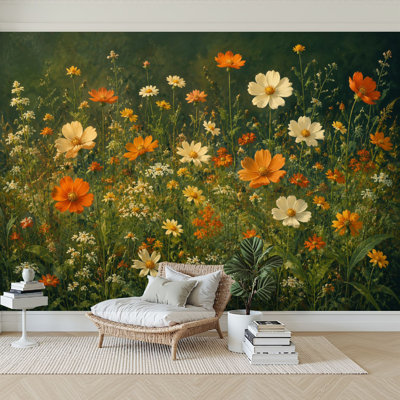 Papier peint adhésif auto-adhésif de style rétro à motif de fleurs sauvages et de fleurs d'oranger de style rétro pour salle de séjour H 100 po x l 144 po