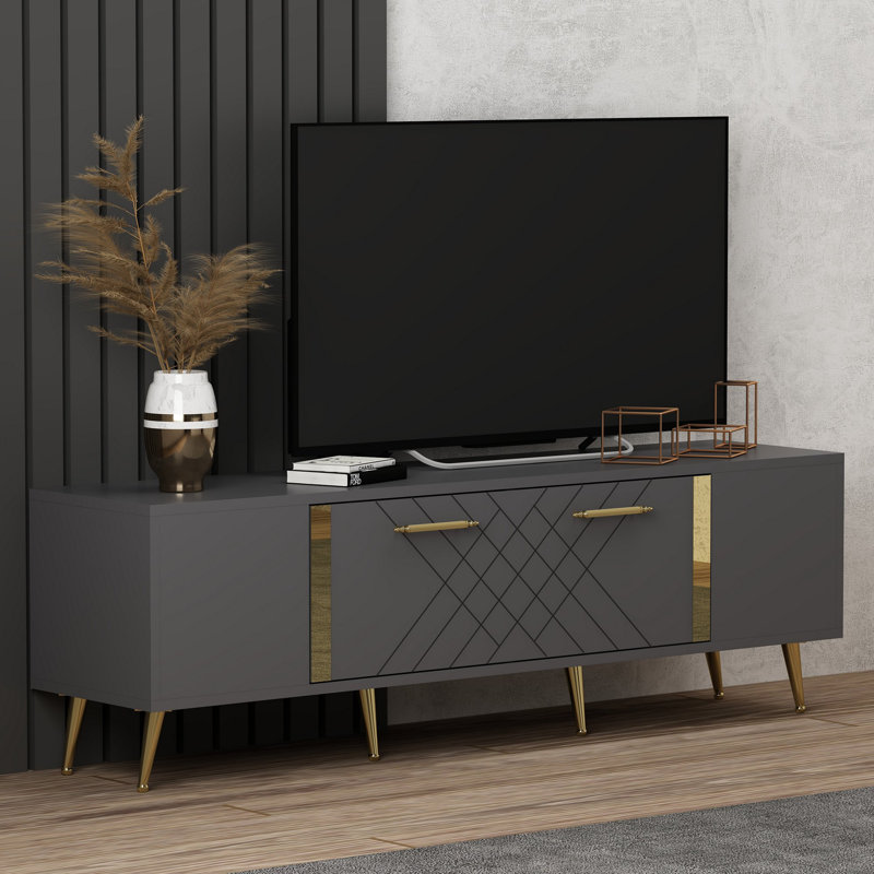 Meuble télé Catena avec rangement, anthracite et or, de 59,1 po x 19,0 po x 13,8 po Catena | 100% panneau de particules enduit de mélamine, épaisseur: 0,7 pouce | Conception géométrique élégante, plusieurs tablettes pour tous vos besoins de divertissement
