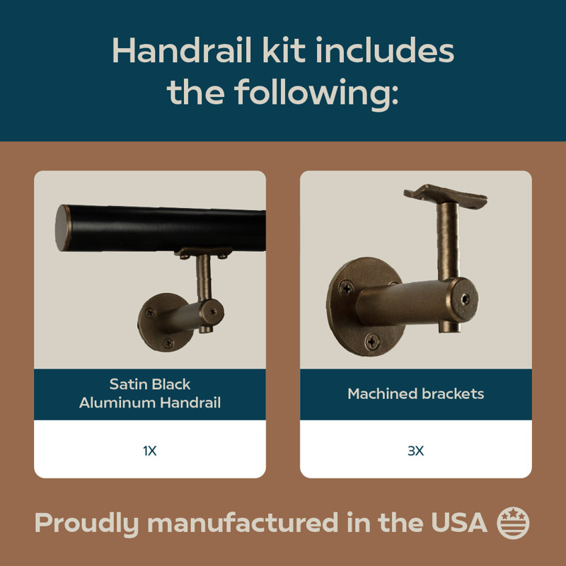 Industrial Aluminum 1.5 Inch Round Complete Indoor/Outdoor Handrail Grab Bar Kit, 84" W, Bronze/Satin Black