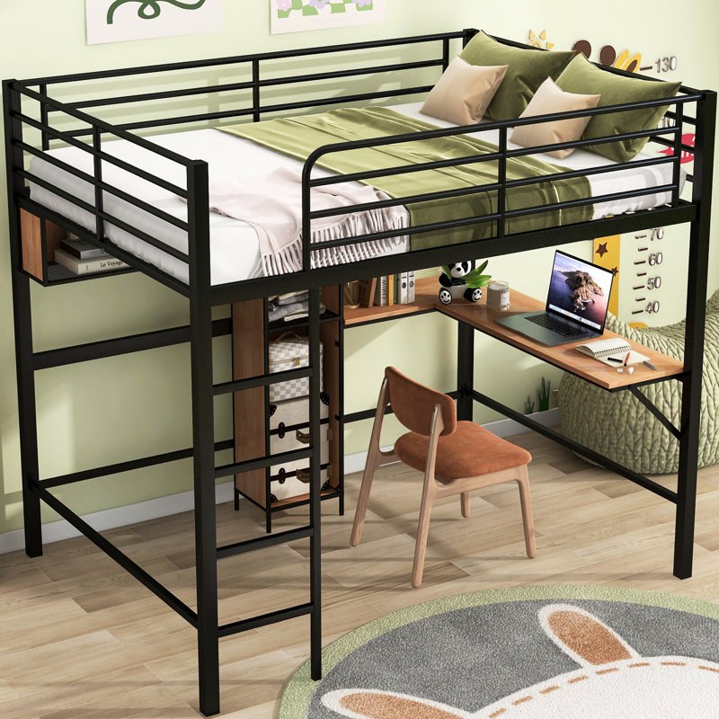 Lit mezzanine double avec métal et bois - noir et brun, structure durable, tablettes de bureau en L, espace sous le lit, gardé, aucun sommier nécessaire