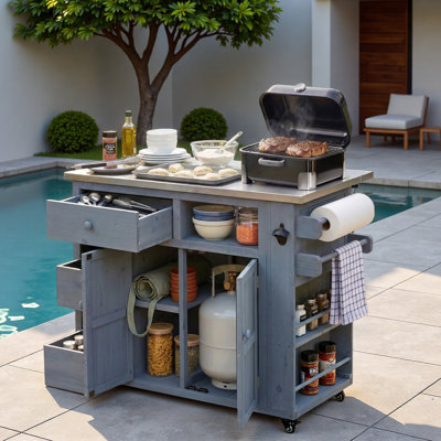 Outdoor Kitchen Island With Stainless Steel Top, Side Spice Rack, Drawers, Paper Rack, Towel Rack And Open Shelf