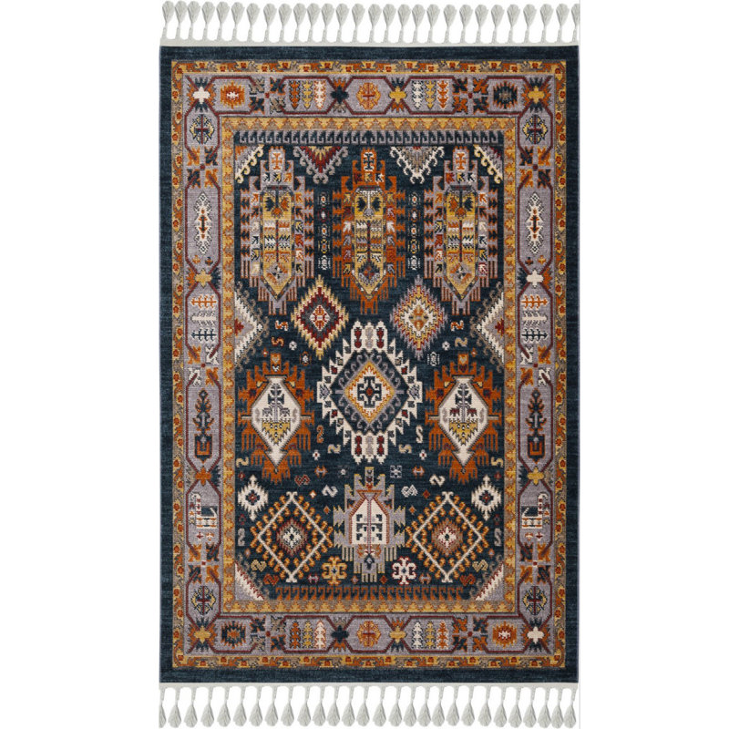 Tapis oriental en polyester tissé à la machine noir / orange Bomera, Rectangle 2 pi 7 po x 4 pi 11 po