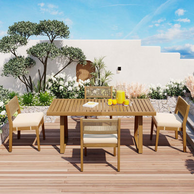 Multi-person Outdoor Acacia Wood Dining Table and Chair Set, Thick Cushions, Suitable for Balcony, Vourtyard, and Garden