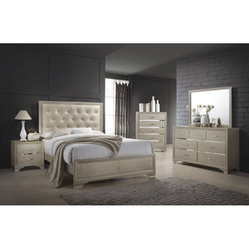 Ensemble de chambre à coucher rembourrée champagne Rianon_4 pièces, Grand