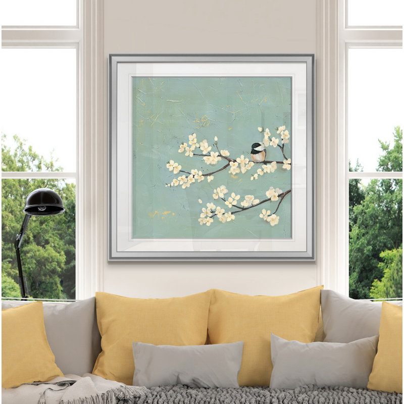 « chickadee & dogwood i », peinture, H 16 po x l 16 po x P 1,5 po, Encadrement argenté